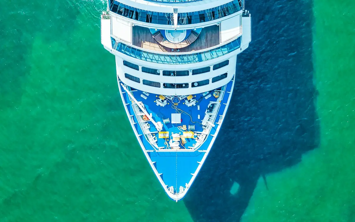 A cruise ship from above, on green water