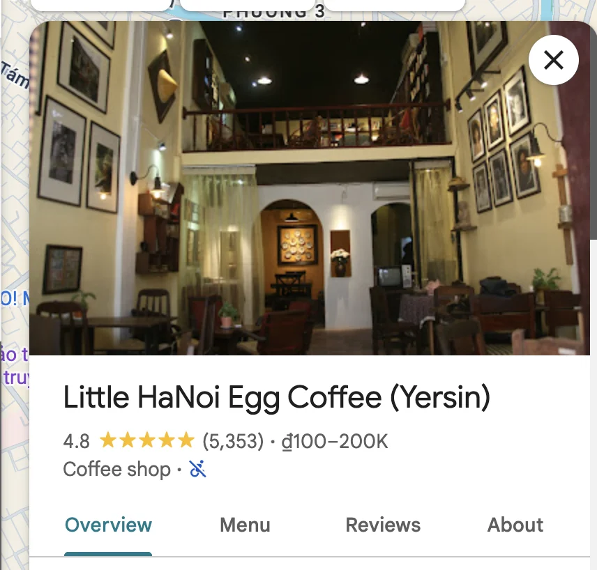 Little HaNoi Egg Coffee on Google Maps — 4.8 stars, 5,353 reviews