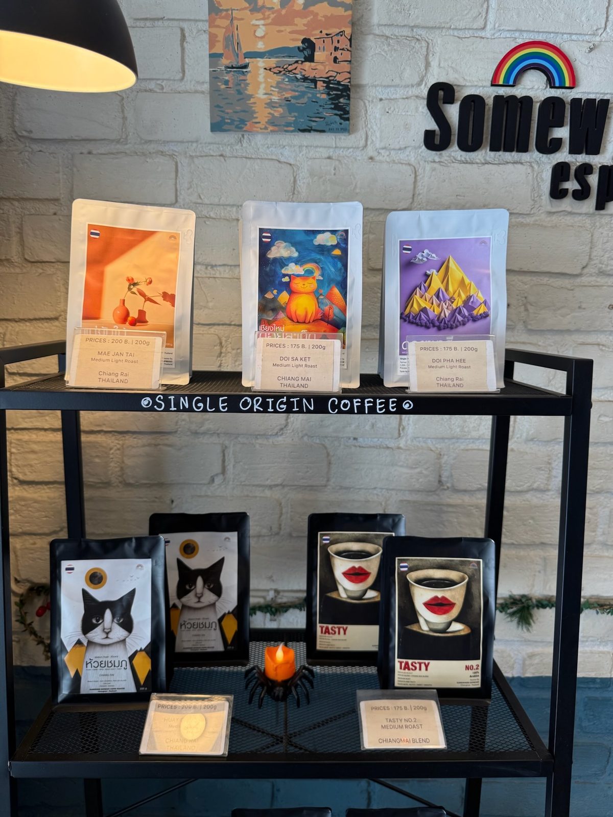 Single-origin coffee display in a Pai coffee shop, Northern Thailand